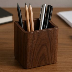 Wooden Pen Holder Solid Walnut Wood Pencil Cup Office Desktop Stationery Organizer For Executive Table