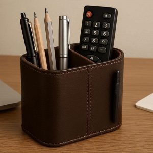 Leather Pen Holder Executive Pencil Cup Desktop Office Stationery Organizer Case Remote Control Stand