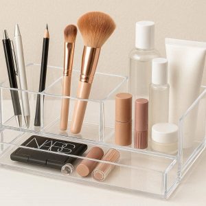 Acrylic Desk Organizer Clear Makeup Cosmetics Storage Box Office Stationery Case Vanity Countertop