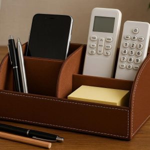 Leather Desk Organizer Multi Functional Office Pen Holder Desktop Storage Box Remote Control Container